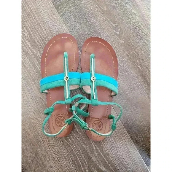 Tory Burch‎ Leather Thong Sandals size 7 blue/green #3 - Picture 1 of 6